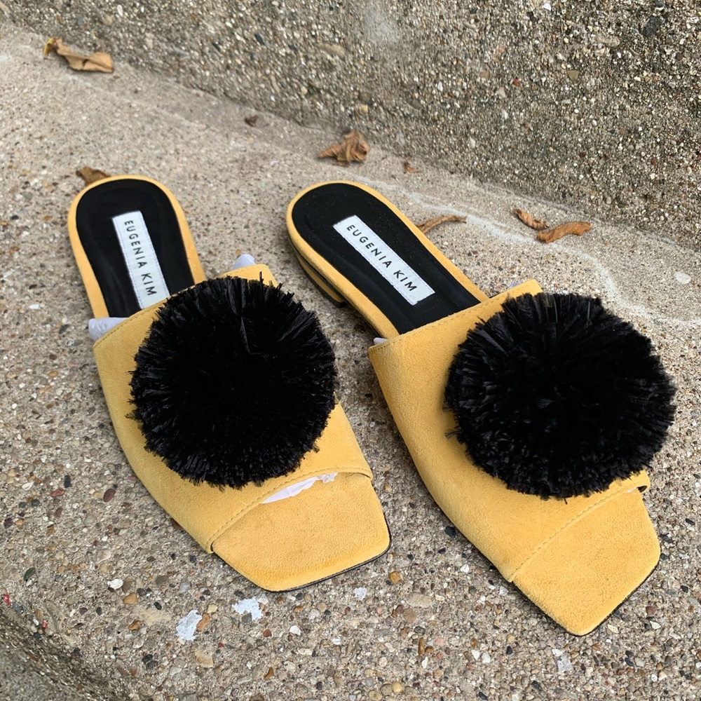 Eugenia Kim Poppy Suede Pom Pom Slides Designer